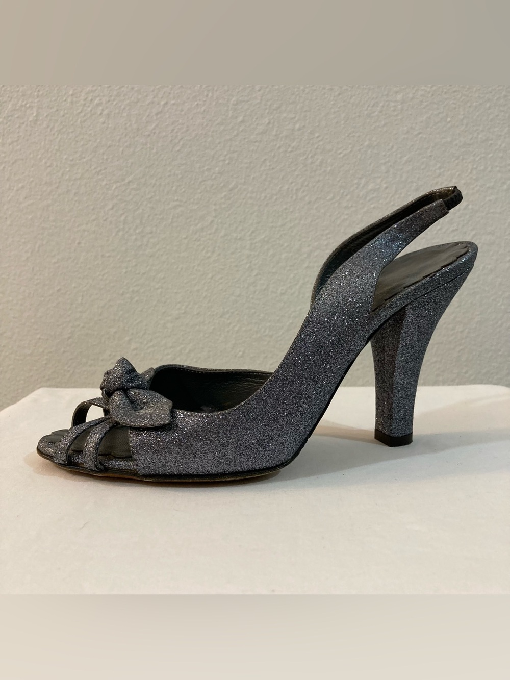 Moschino Silver Sparkle Peep Toe Heels  Women's Size 36 Cheap & Chic